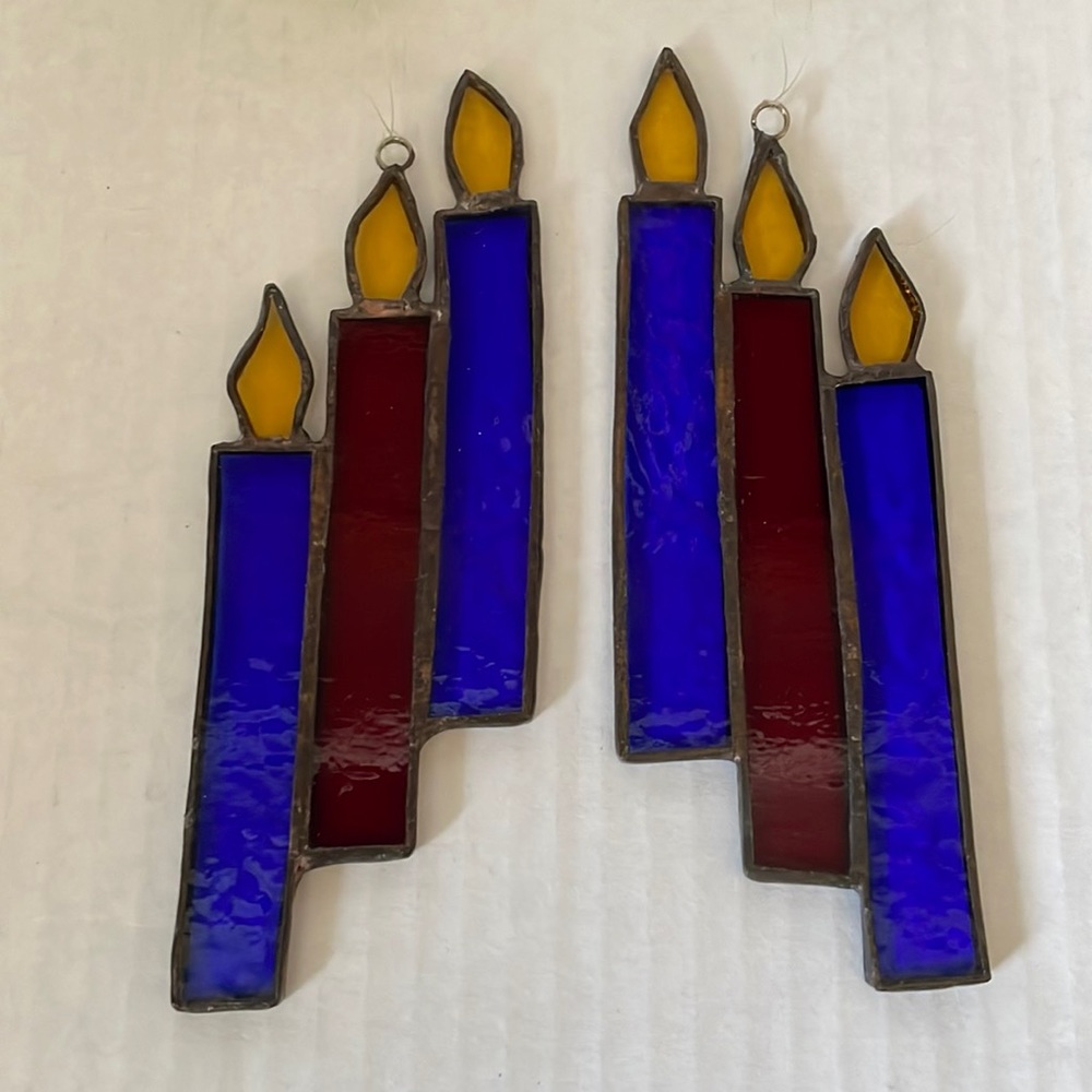 2 Vintage Stained Glass Christmas Ornaments Candles Blue Red Yellow Holiday